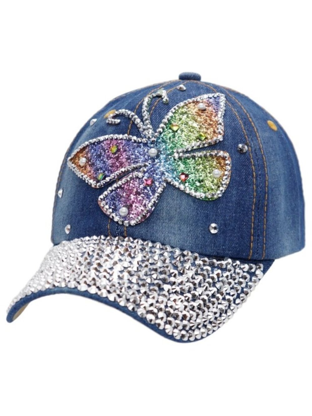 Ball Cap Hat Butterfly Rainbow Shimmer Bling Denim